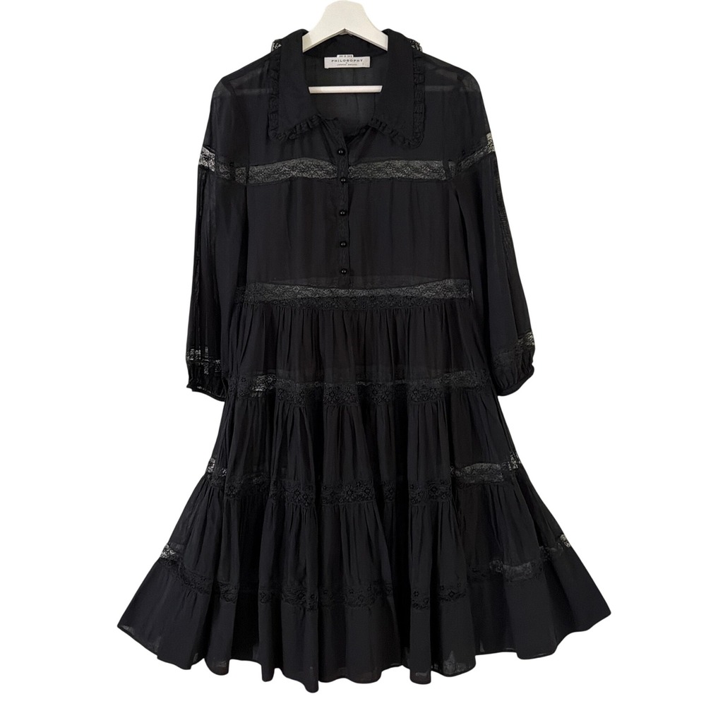 Philosophy di Lorenzo Serafini Black Lace Tiered Cotton Mini Dress Womens 6